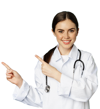 Female doctor pointing to ultrasound scheduling offer