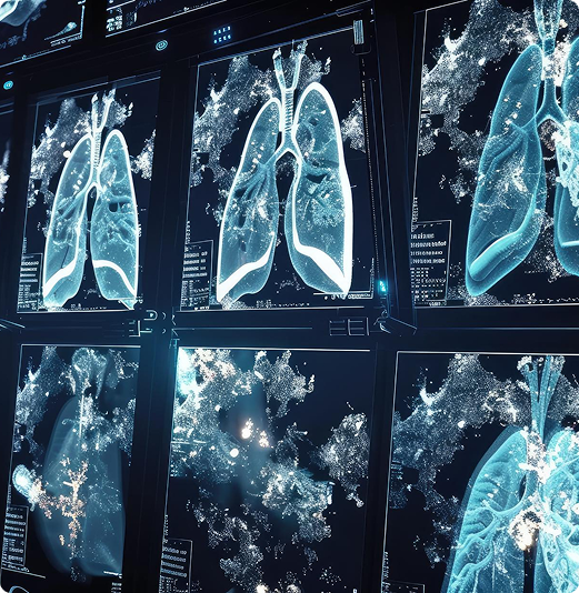 Digital CT scan film displaying detailed 3D imagery of human lungs for screening.