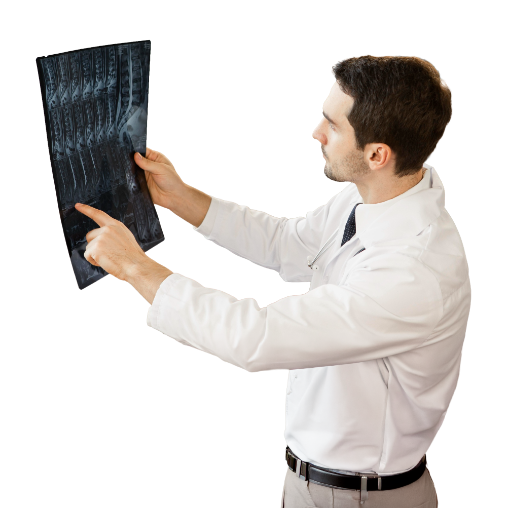 A male doctor analyzing and pointing at a bone density scan film.