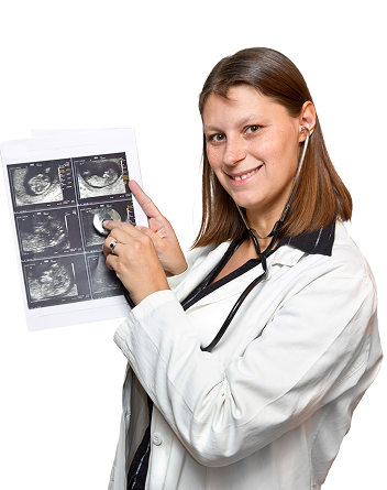 A smiling female doctor holding up and pointing to an ultrasound scan printout