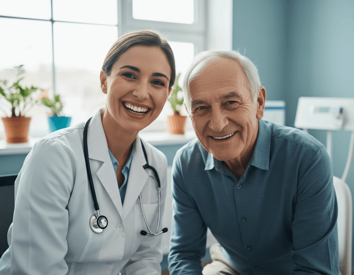 Smiling doctor with elderly patient at Harding Radiology Center