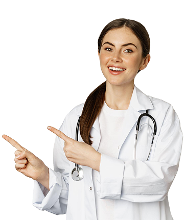 Smiling female doctor pointing towards booking details.
